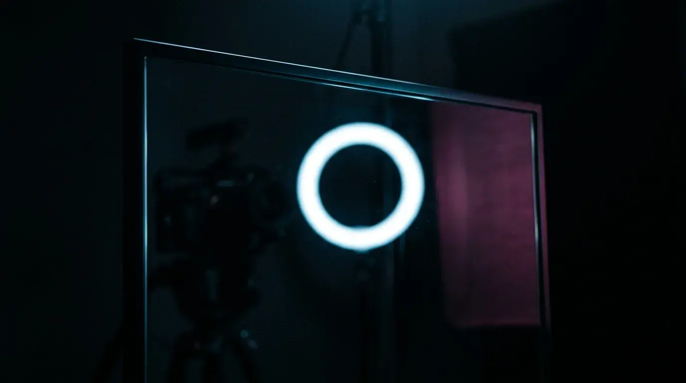 A bright ring light reflected in a large dark glass panel, a video camera on a tripod standing behind it in shadow