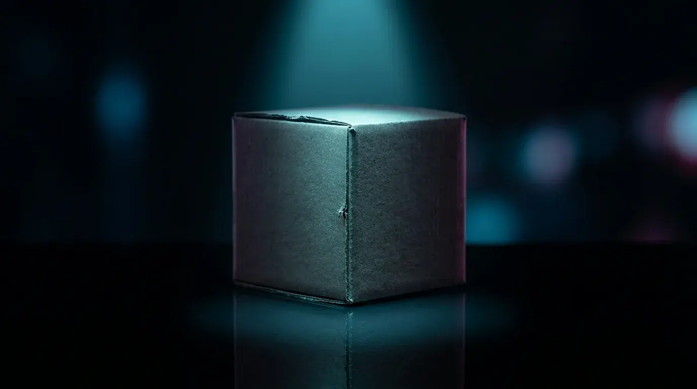 A plain unmarked cardboard box standing on a black reflective surface under a narrow beam from above