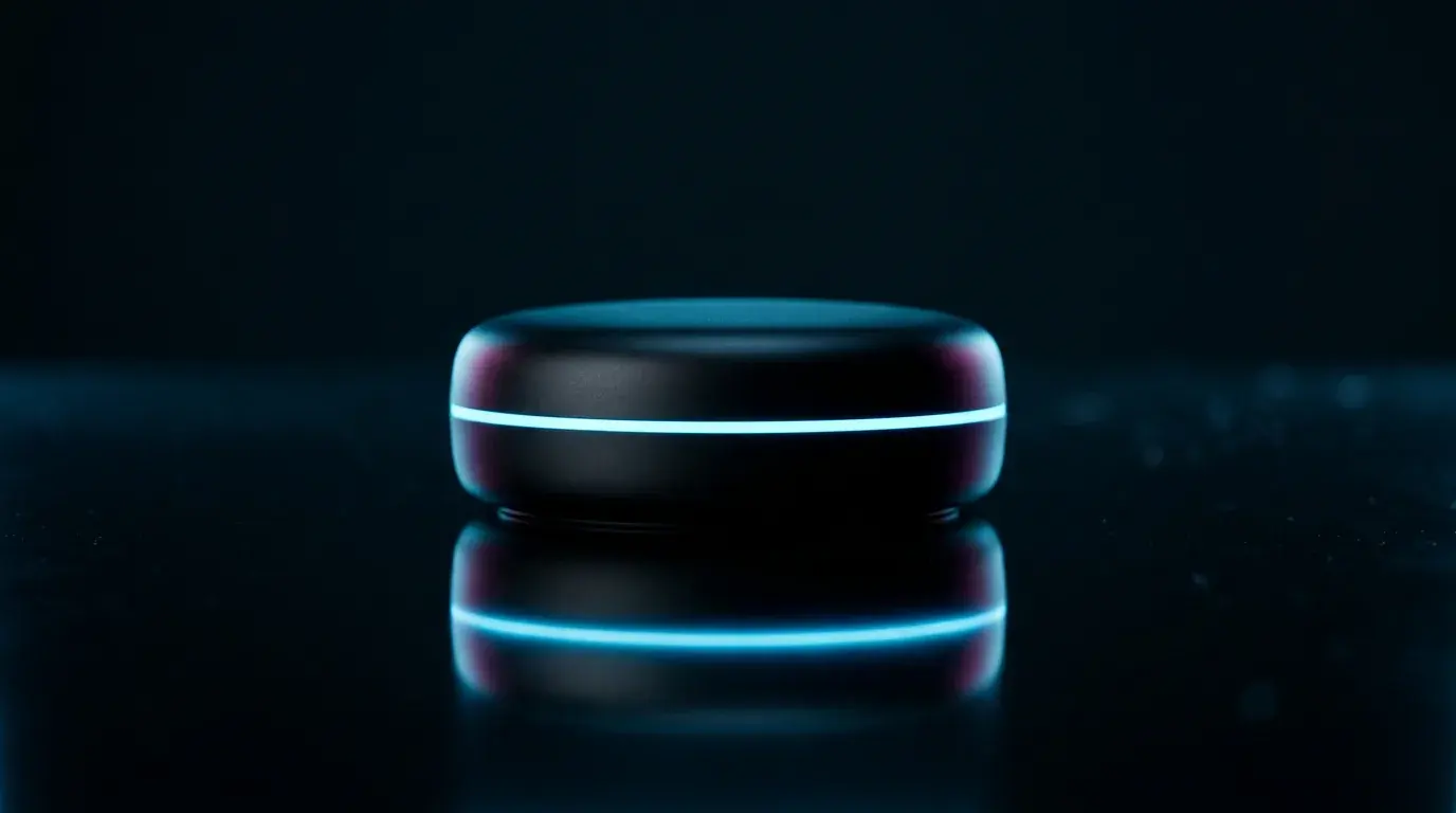 A small matte black disc-shaped device on a dark surface, a single cyan light band around its middle, its reflection below