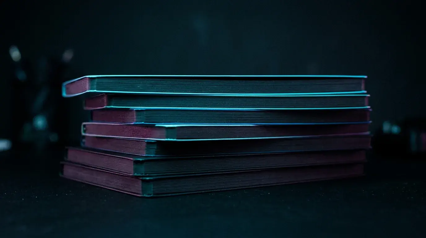 A stack of five hardback notebooks seen from the side on a dark desk, cyan light along their page edges
