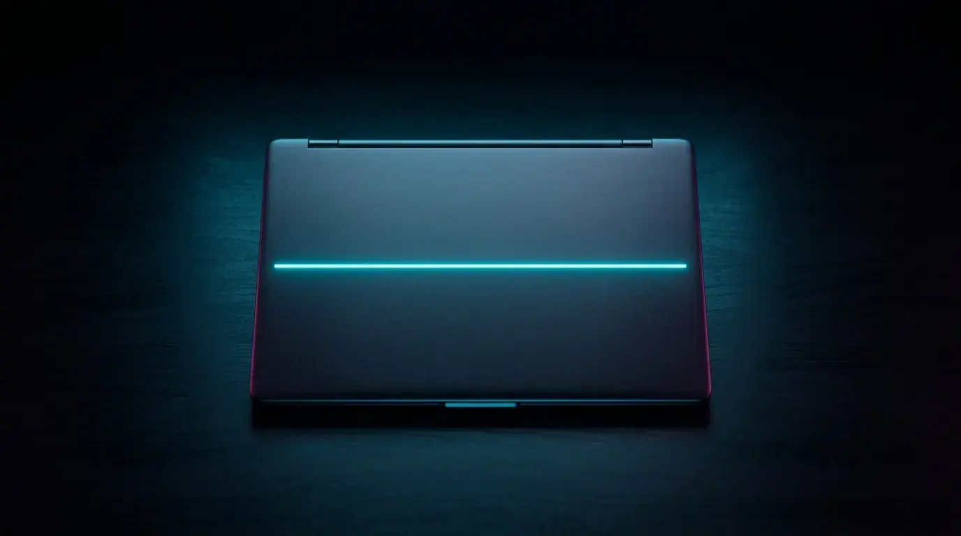 A closed laptop lying on a dark desk seen from above, a single bright cyan line running across its lid