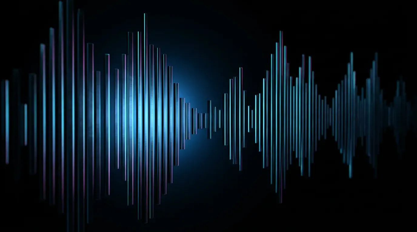 An audio waveform built from rows of thin vertical bars of varying height, lit blue and magenta against black