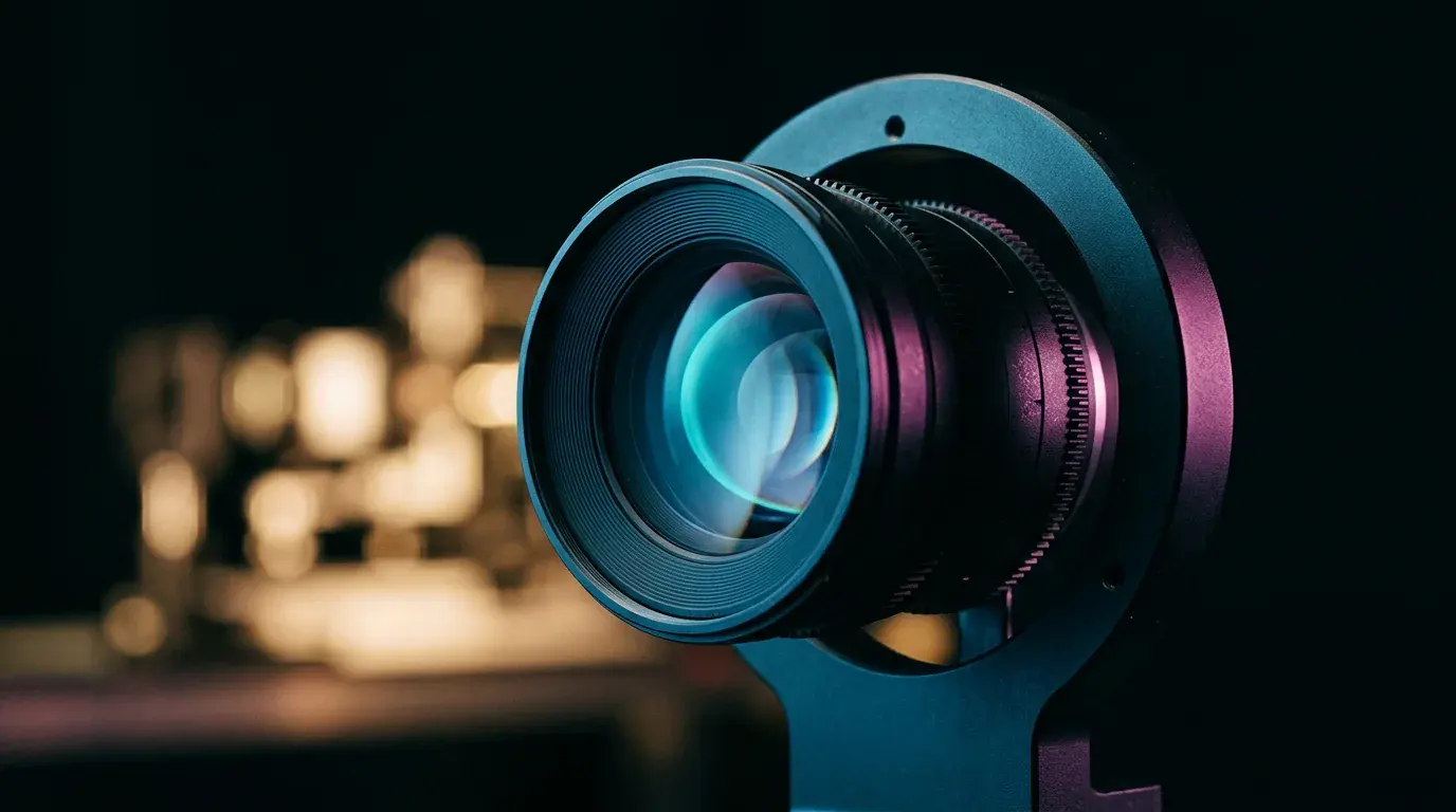 A camera lens mounted in a metal bracket, its front element catching a pale blue reflection, warm out-of-focus lights behind