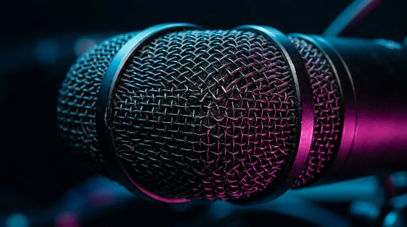 The wire mesh grille of a studio microphone in extreme close-up, magenta light raking across the weave
