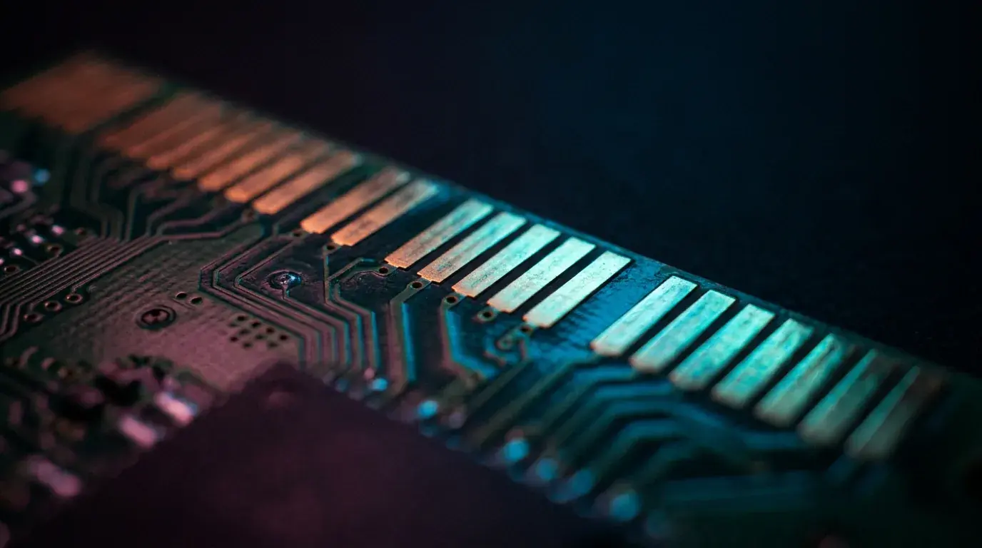 The gold edge connector of a circuit board in extreme close-up, its contacts and fine traces lit cyan and amber