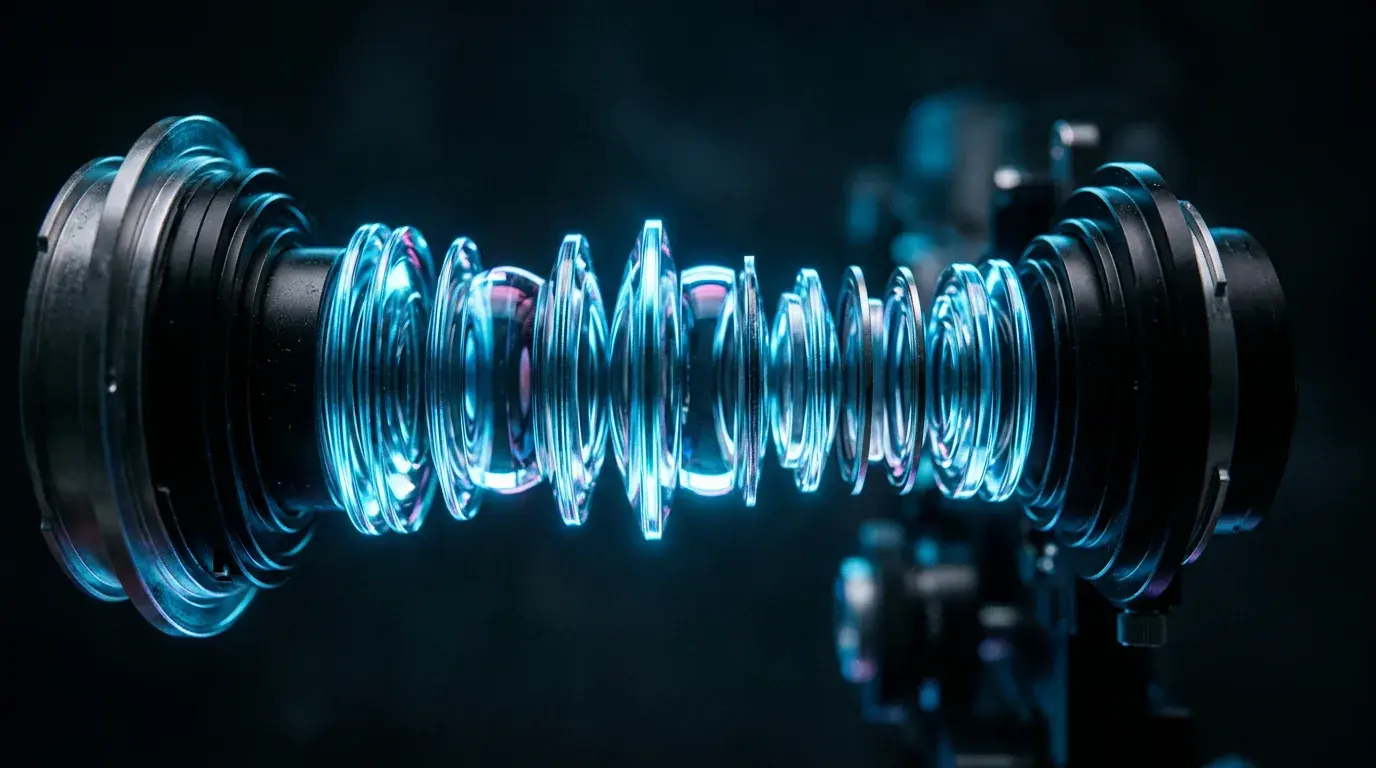 The glass elements of a camera lens laid out in a row between two barrel halves, each element glowing blue