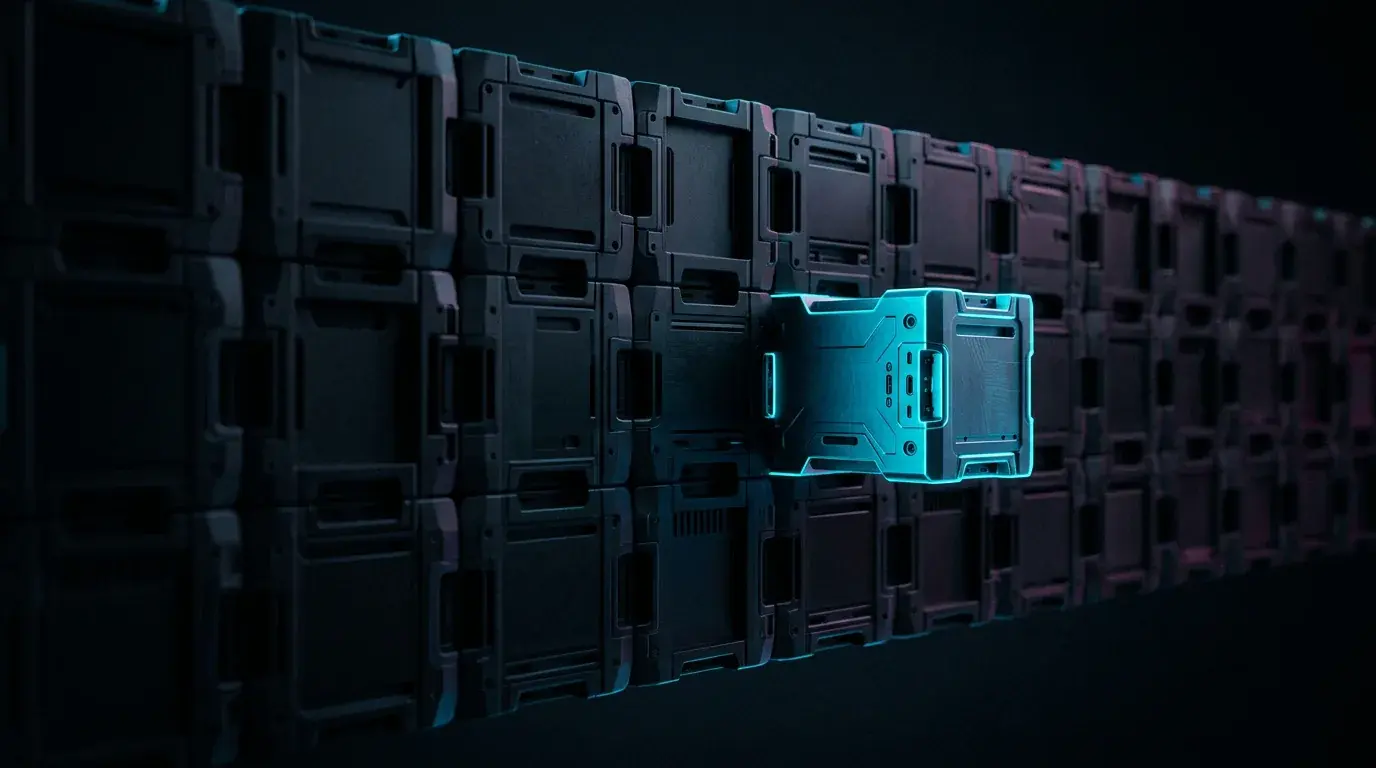 A long wall of identical dark modular panels receding into shadow, one panel lit bright cyan