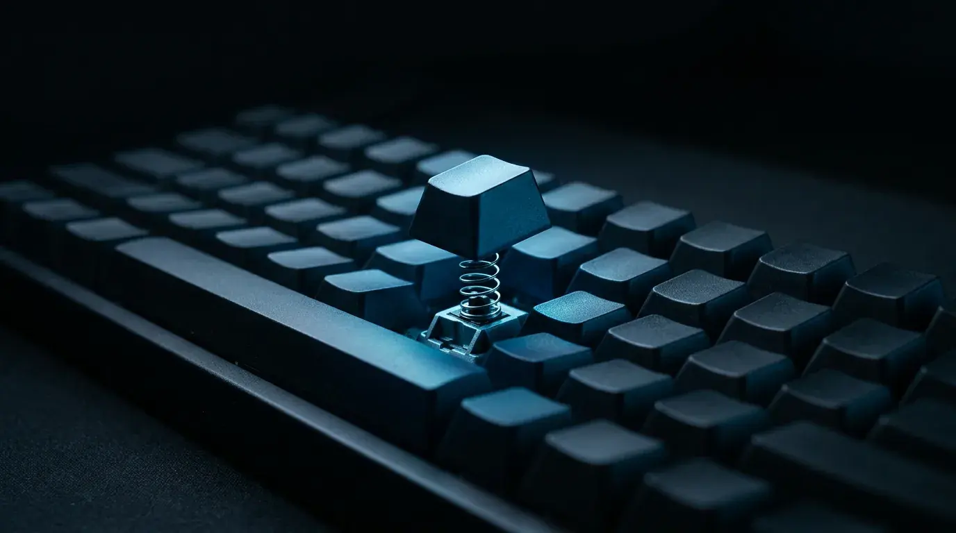 A mechanical keyboard in low blue light with one blank key cap lifted off its spring-loaded switch