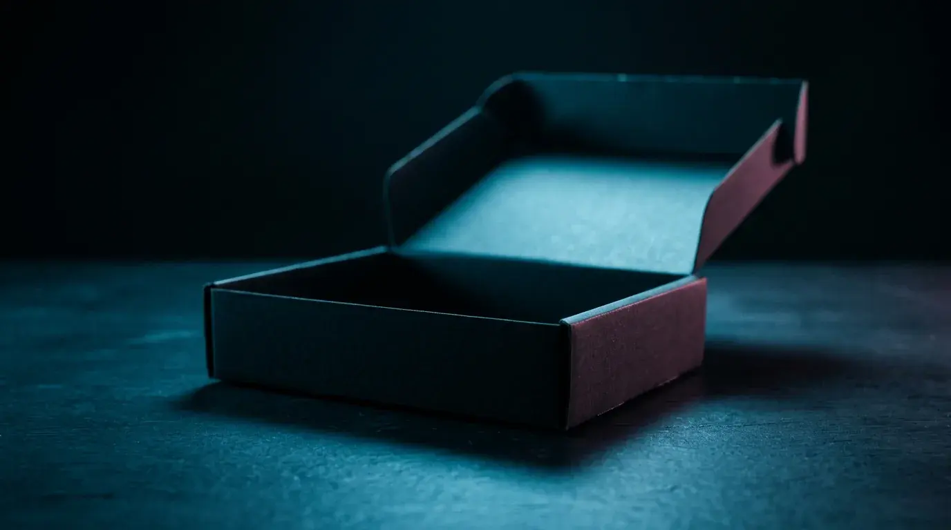 An empty open cardboard box on a dark surface, its interior lit pale cyan, the lid folded back