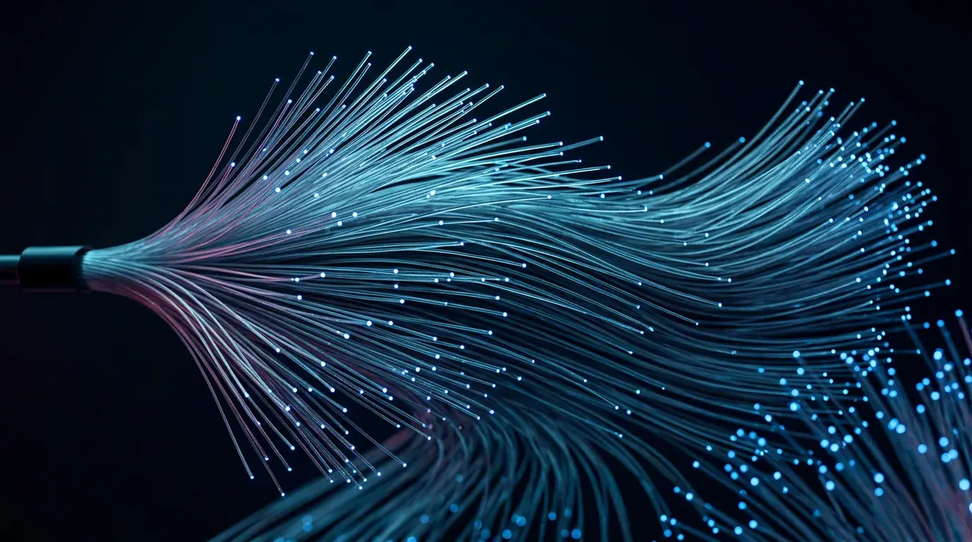 A bundle of fine optical fibres fanning out from a single connector, each strand tipped with a point of blue light