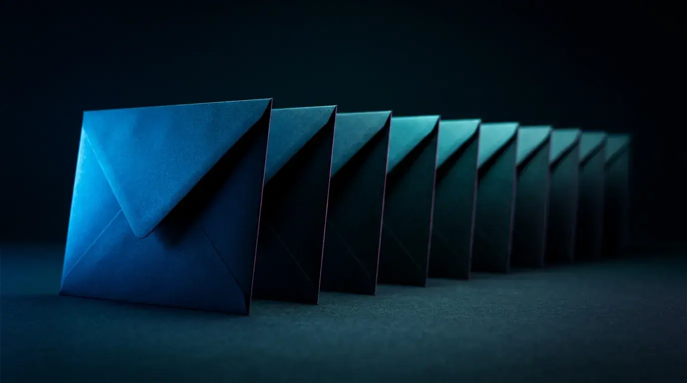 A row of identical unaddressed envelopes standing on edge, receding into darkness, the nearest lit blue