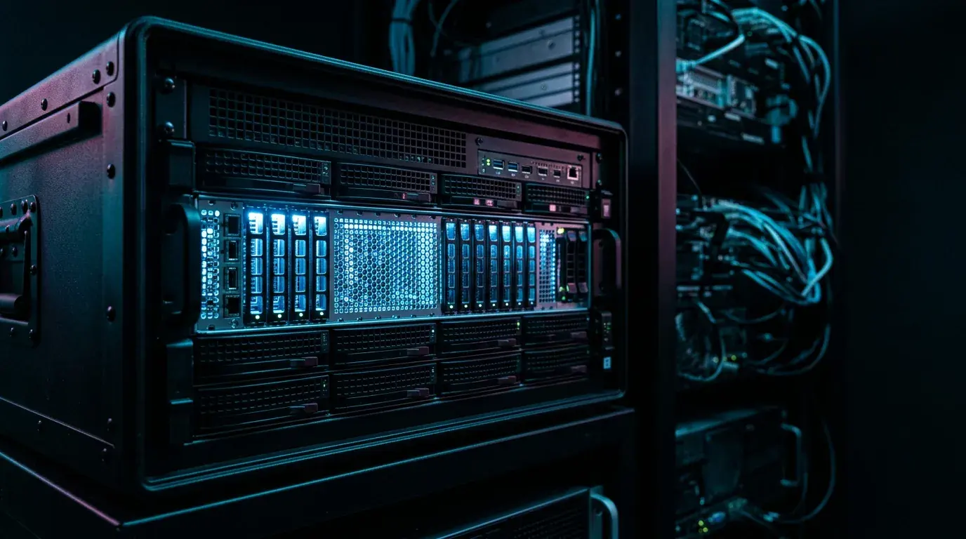 A rack-mounted server seen from the front in a dark room, its drive bays lit from within, cabling behind