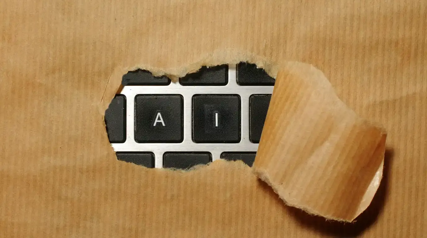 Two keyboard keys reading A and I, revealed through a torn hole in a sheet of brown kraft paper.
