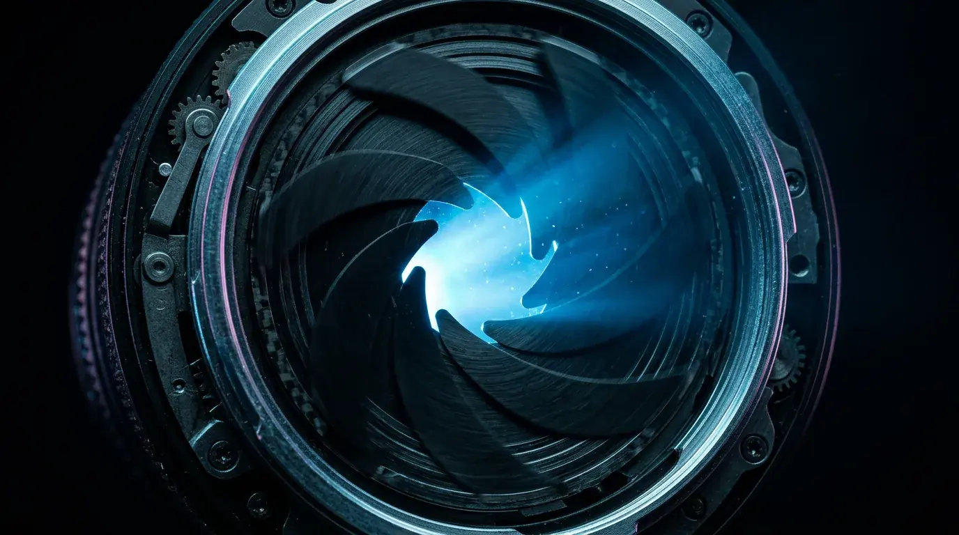 The iris blades of a large lens seen head on, partly open, bright blue light passing through the aperture