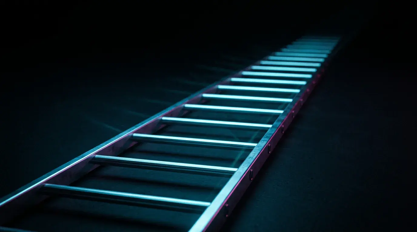 A metal ladder lying flat and receding into darkness, its rungs lit cyan and blurring at the far end