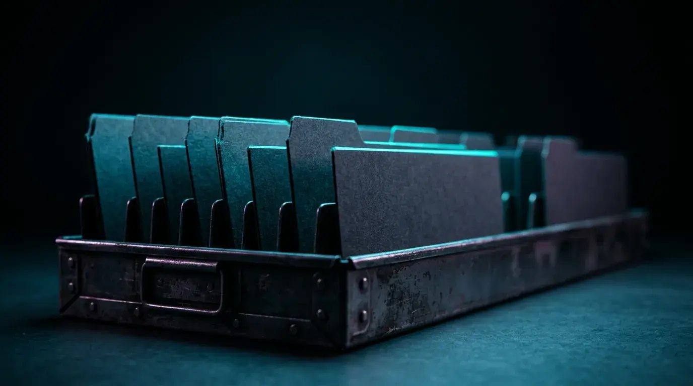 A row of card dividers with staggered tabs standing upright in a metal filing tray, cyan light along their tops