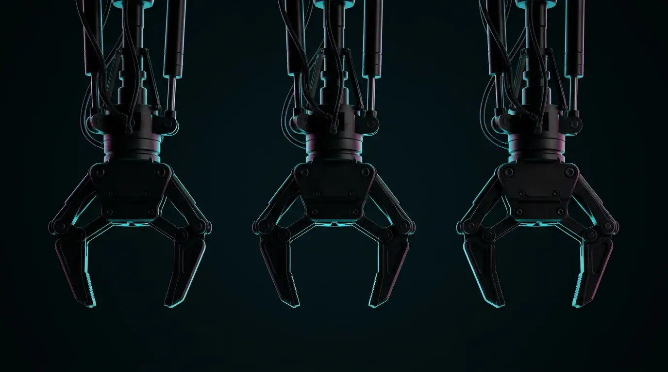 Three identical robotic gripper claws hanging in a row from above against black, cyan light along their jaws
