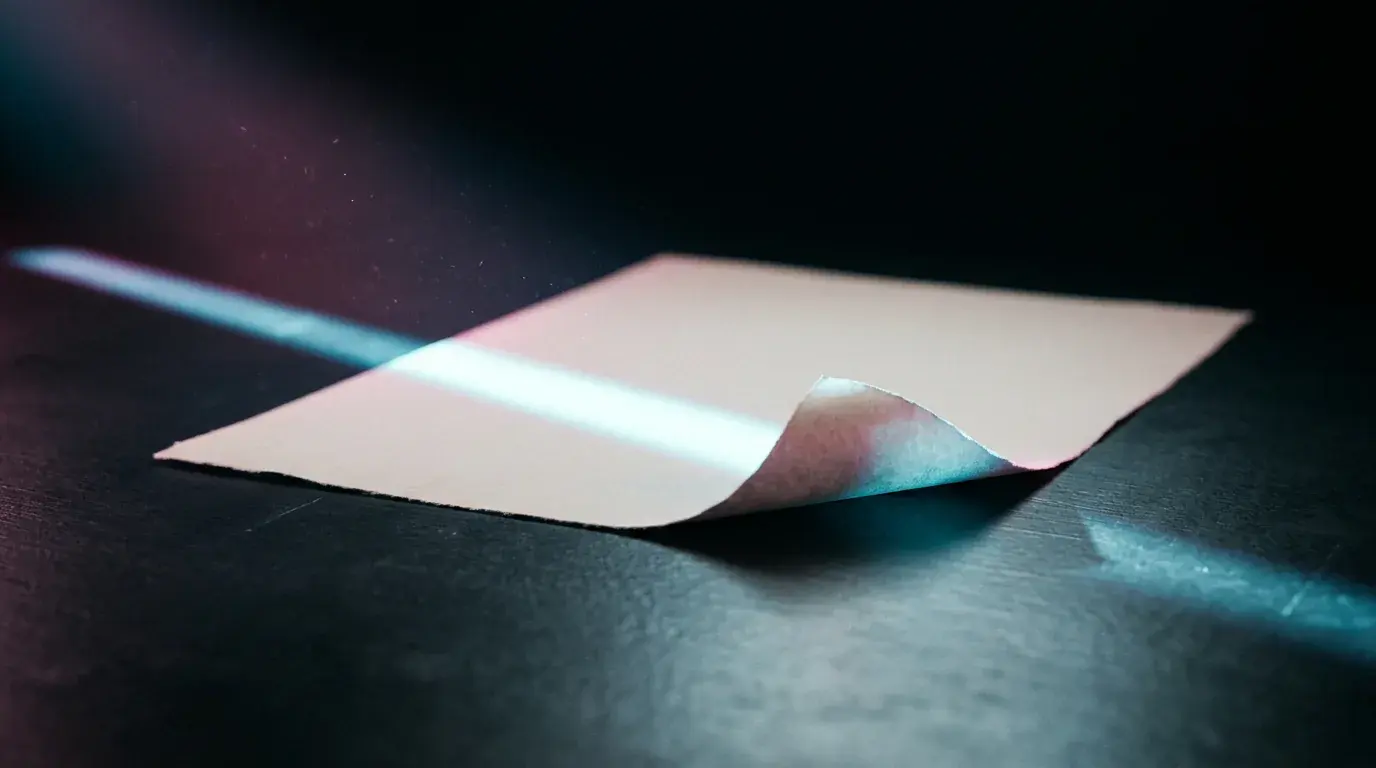 A single blank sheet of paper on a dark surface with one corner curling up, a hard slat of light across it