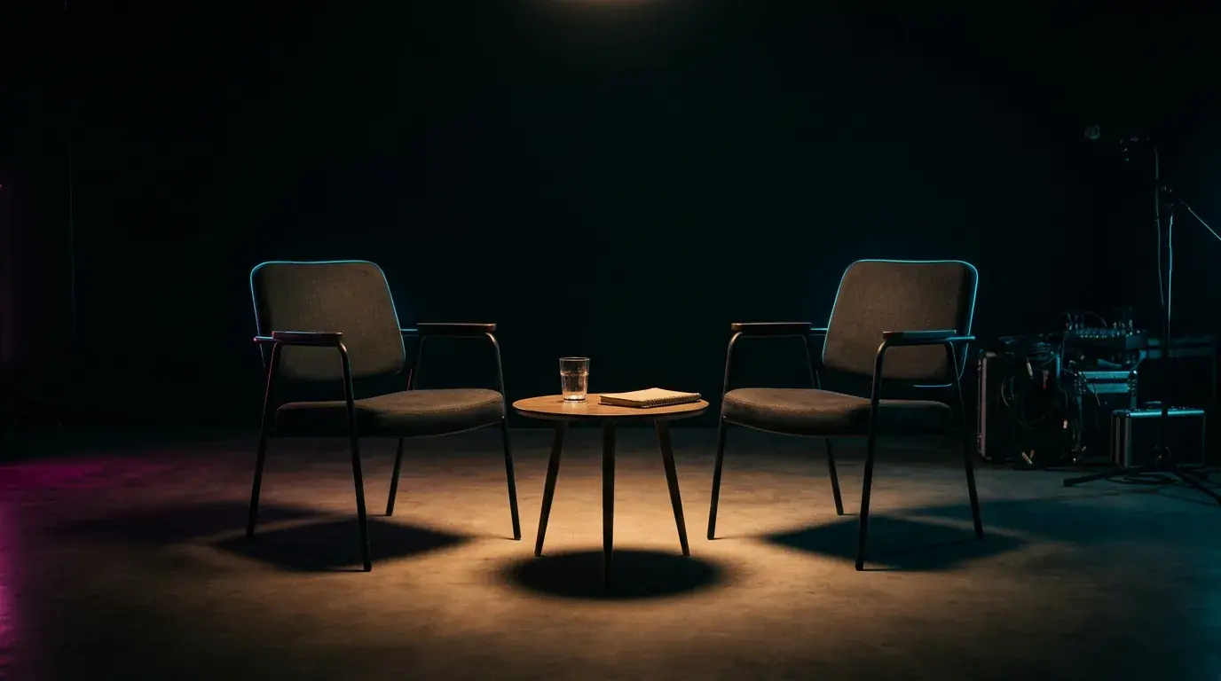 Two empty armchairs facing each other across a small round table under a pool of warm light in a dark studio
