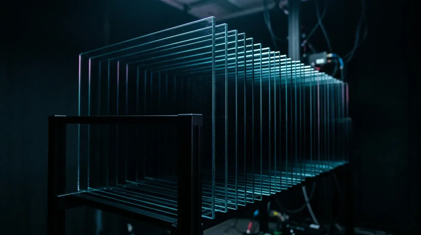 A rack of glass panes standing on edge in a metal frame, receding in depth, each edge lit cyan