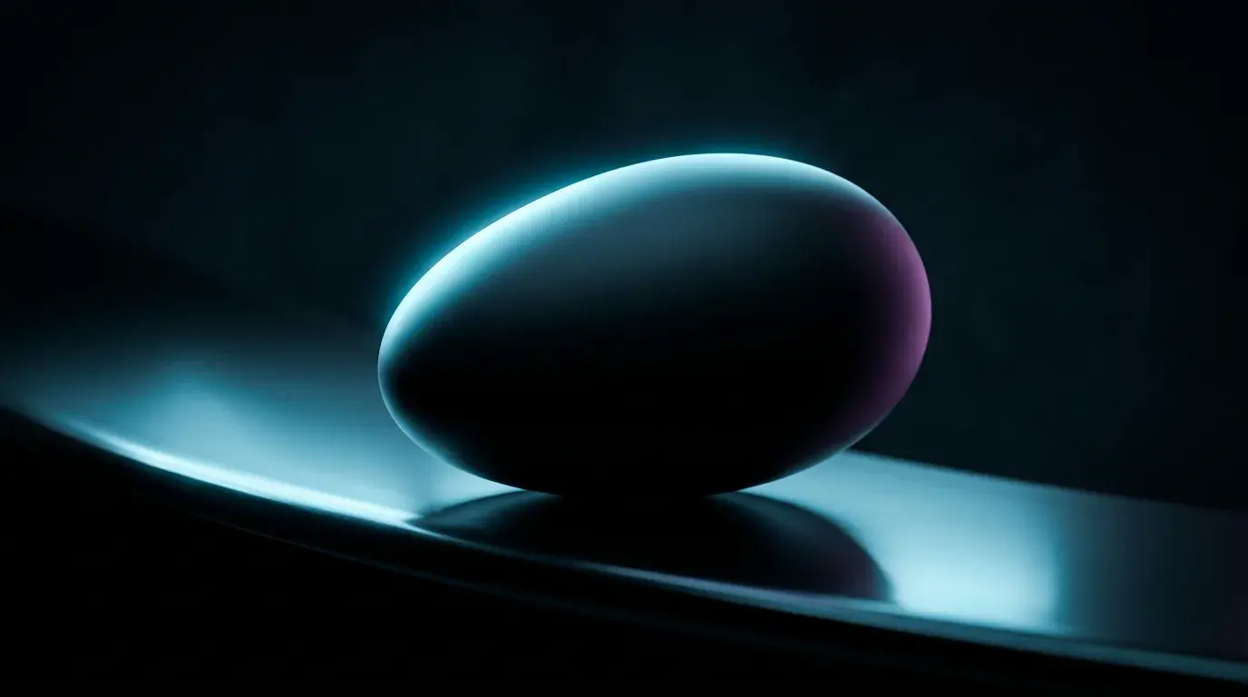 A smooth dark ovoid resting on a curved reflective surface, a soft cyan glow along its upper edge