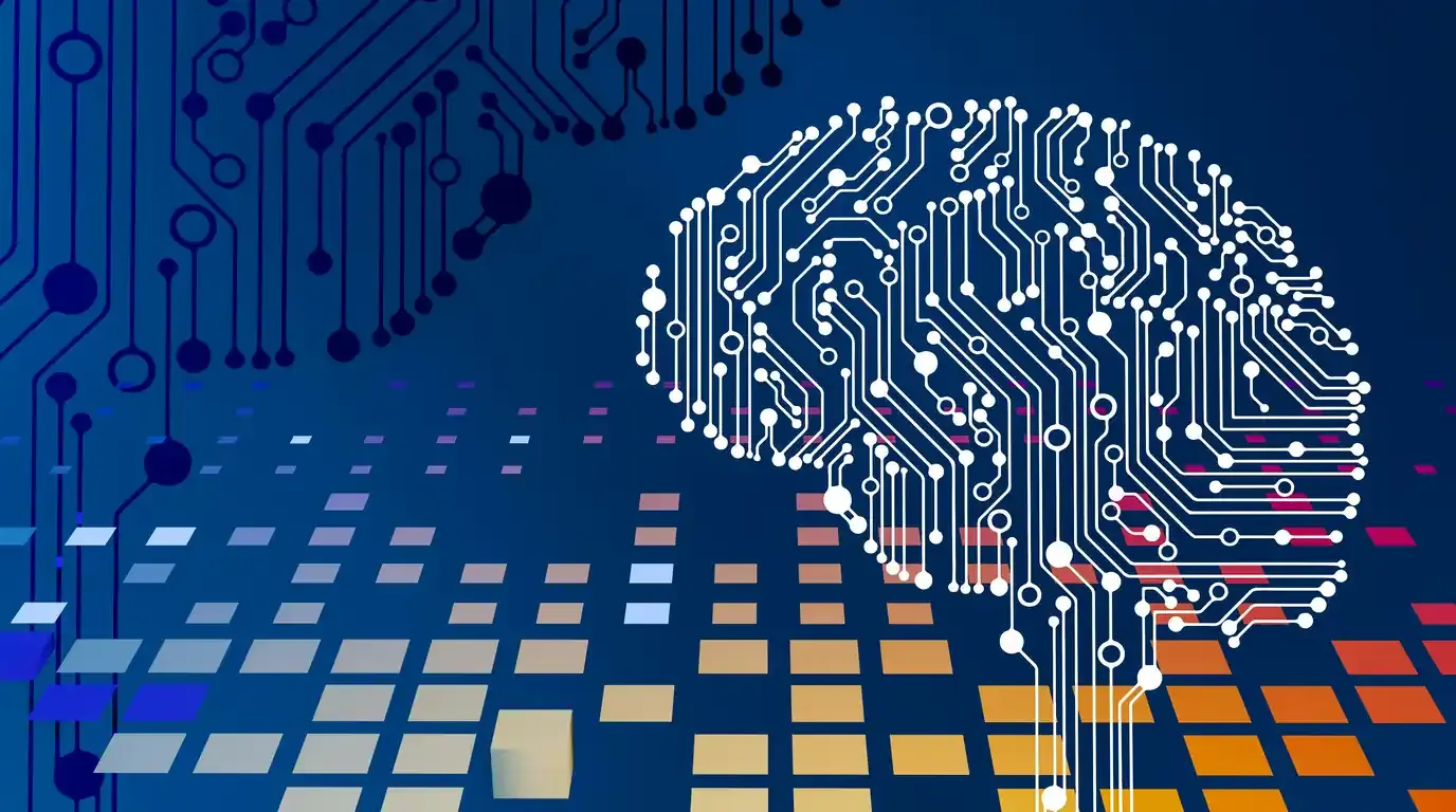 A brain drawn as circuit-board tracks and solder points on deep blue, a grid of coloured tiles below it.