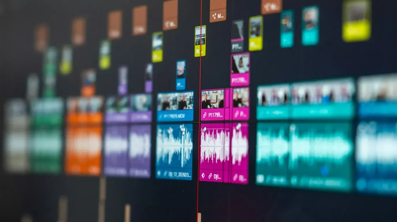 A video editing timeline on a monitor, with colourful clips and audio waveforms and a red playhead